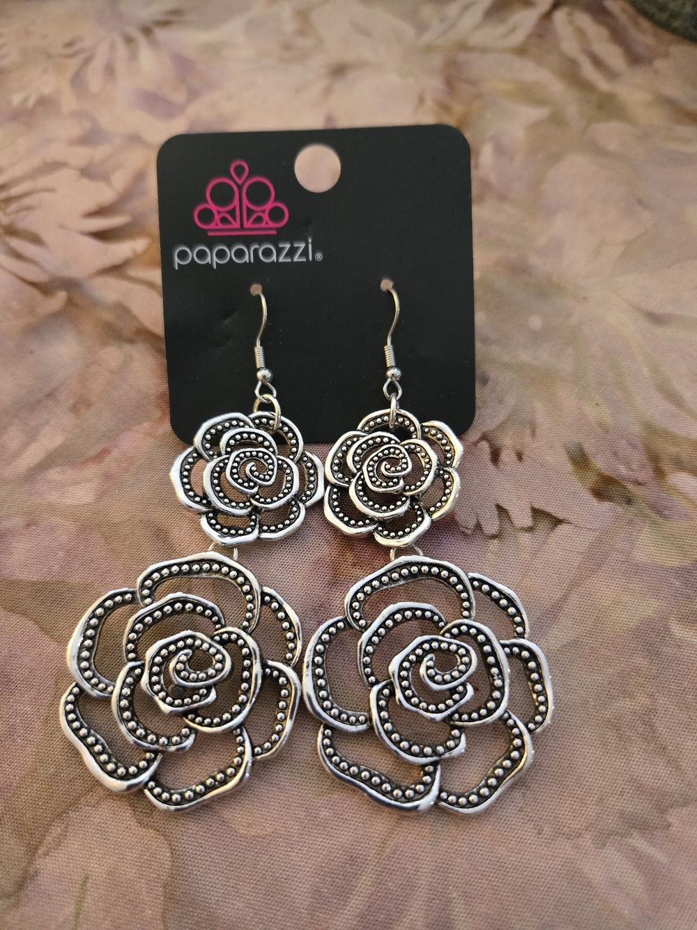 Paparazzi Silver Floral Rose Drop Earrings - Silver